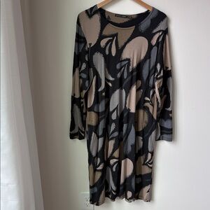 Gudrun Sjoden Botanica Tulip Modal Midi Dress Black Tan Grey Lagenlook Size XL